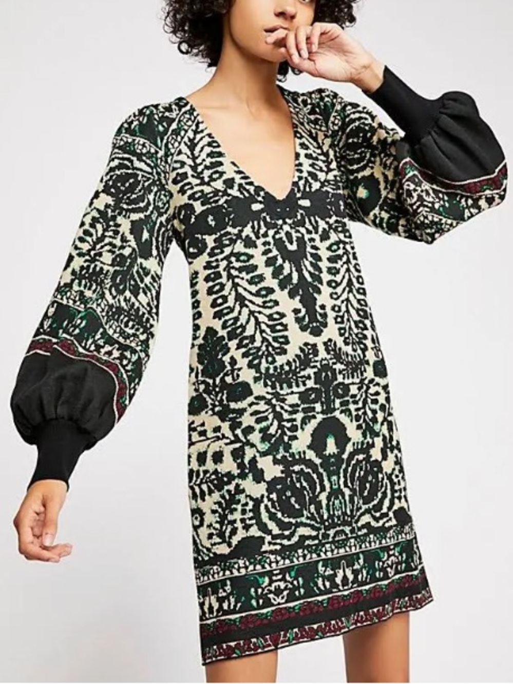Free People Women's Musics & Lyrics Printed Puff Sleeves Knit Mini Dress Size S